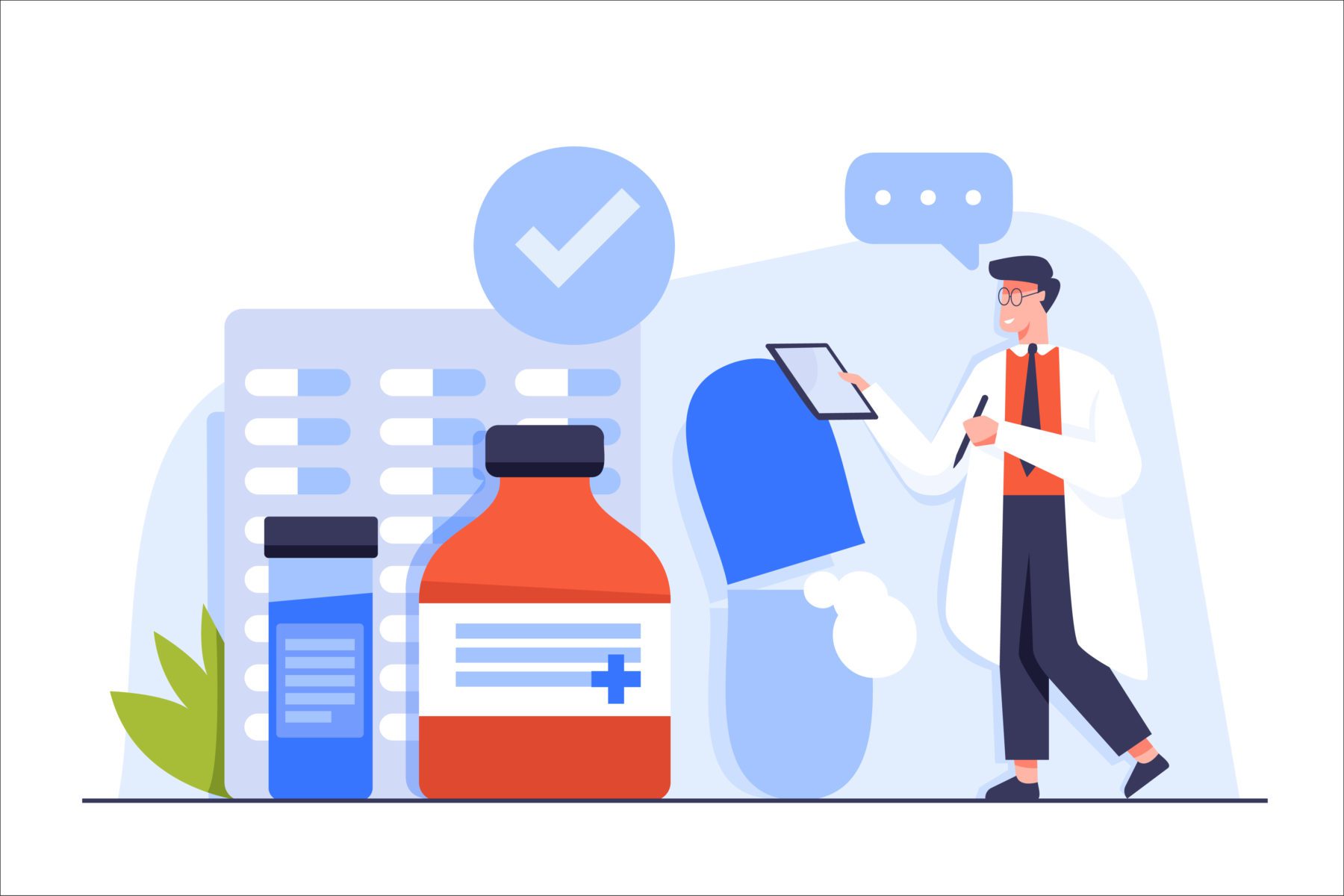 Design graphique représentant un pharmacien et des médicaments